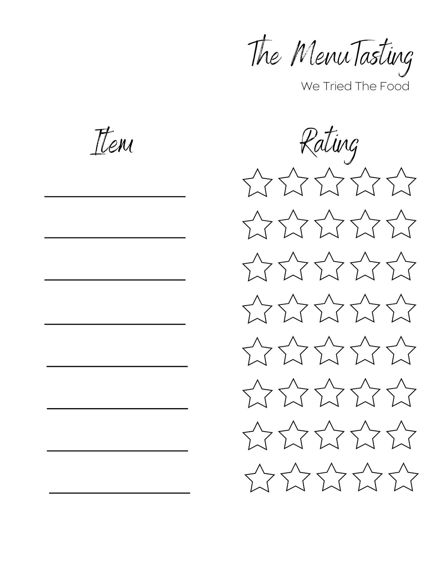 Wedding Menu Tasting Rating Sheet