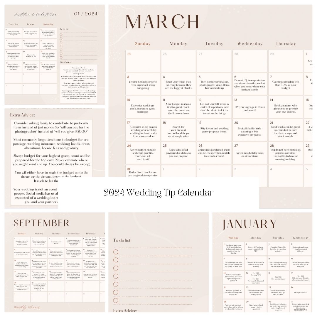 2024 Wedding Tip Calendar Downloadable PDF